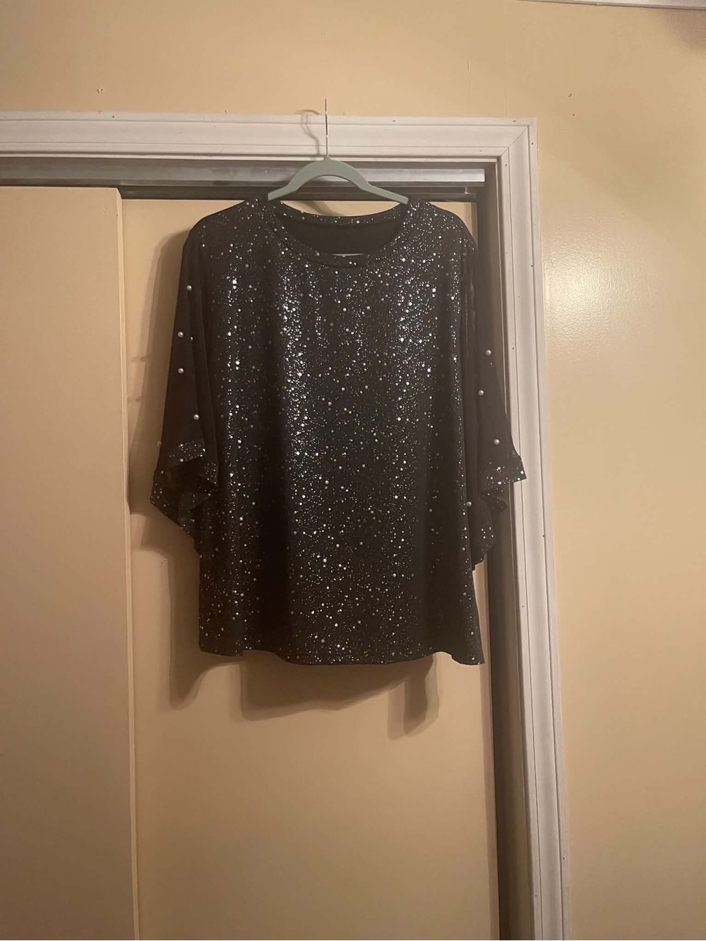Women's Black Glitter Tunic with Pearl-Trim Sleeves